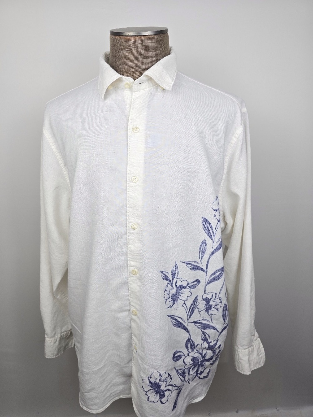 Tommy Bahama White Linen Blend Long Sleeve Blue Floral Print Mens XL